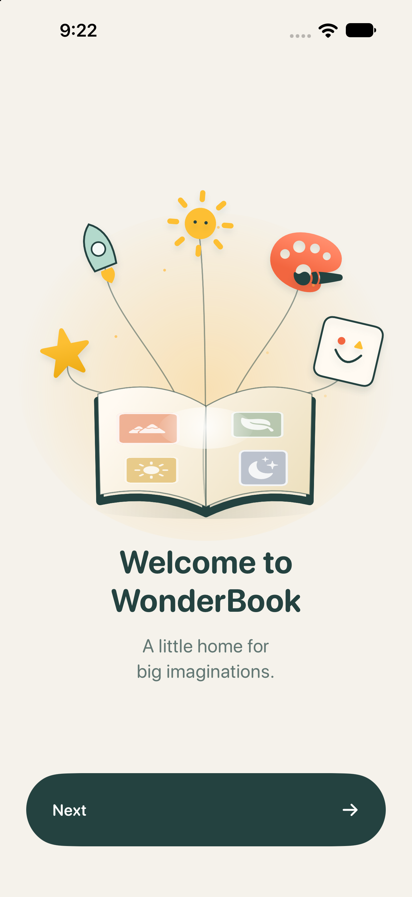 WonderBook welcome screen with a book, floating doodles, and a Next button.