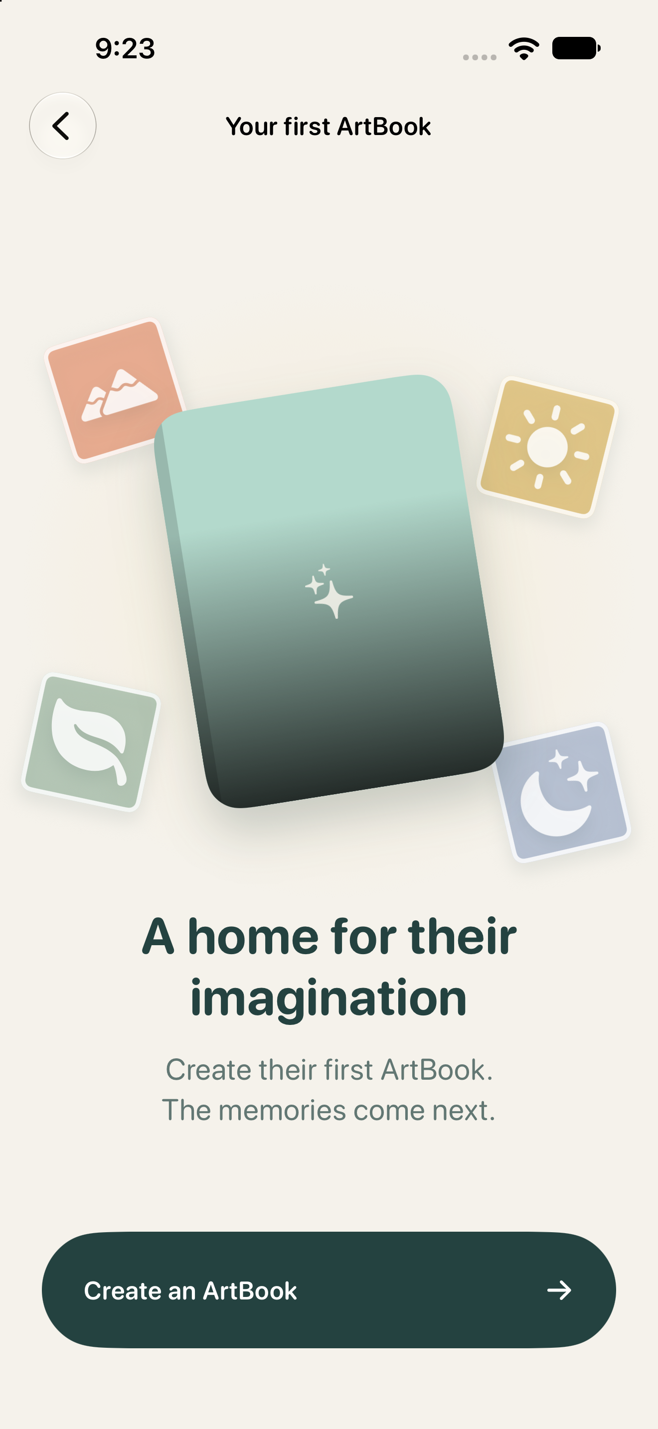 A mint green ArtBook surrounded by little illustrations, with a Create an ArtBook button.