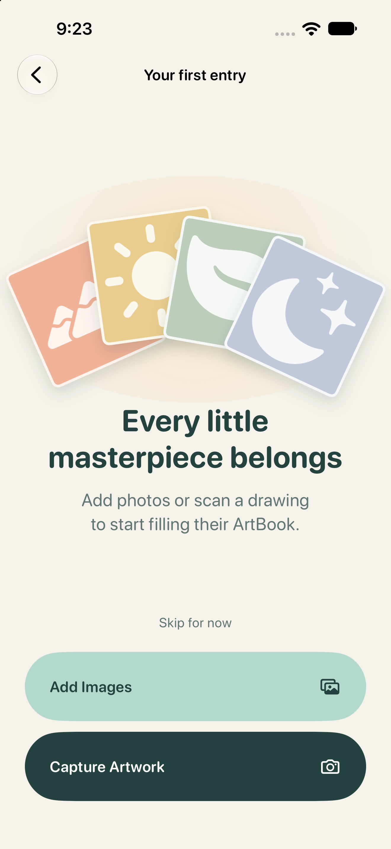 An illustrated gallery with options to add photos or capture artwork for an ArtBook.