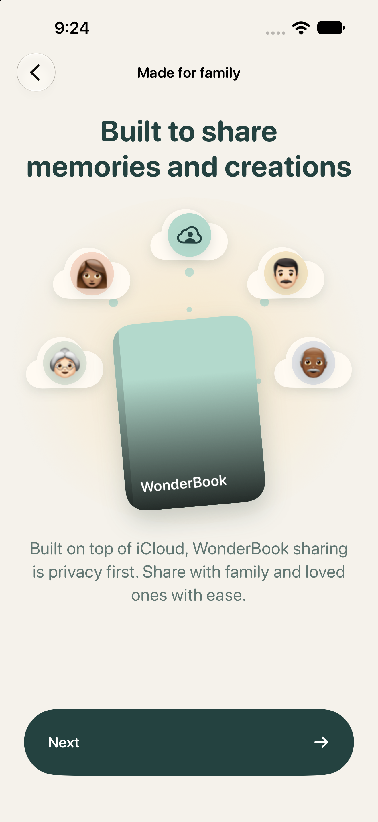 Family members gathered around a WonderBook, introducing sharing through iCloud.